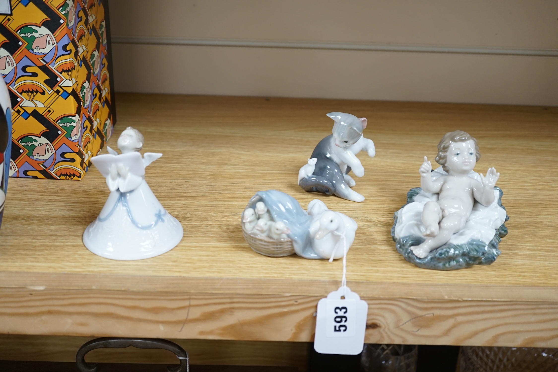 A large Lladro figure group “La gran familia, Puppy Brigade”, Baby Jesus, Duckling, New Friend, Chit-Chat, Sunday’s Child, Little Sister, Cat and Mouse and heavenly Tenor (9), largest 30 cm wide